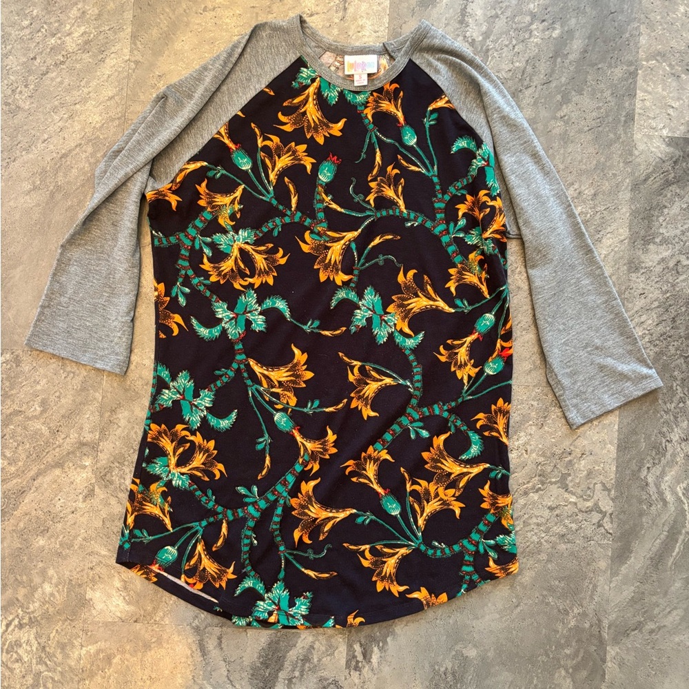Women’s Black Tunic Shirt with Orange & Green Flowers, 3/4 Gray Sleeves, Size S